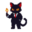 Stylized black cat in a dark suit and red tie, holding a glowing golden object.