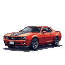 Cherry red Chevrolet Camaro with dual black racing stripes, shown in side profile.