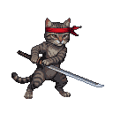 Determined tabby cat warrior with a red bandana and katana, poised for action.
