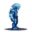 A solitary warrior in jagged, ice-blue crystalline armor with flowing icy tendrils crowning its helmet.