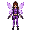 Young woman with translucent purple wings and purple camouflage outfit, holding two pistols.