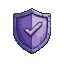 Stylized purple shield with a central engraved checkmark and a steel-gray border.