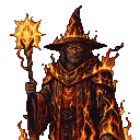 A wizard cloaked in flames and molten rock, wearing a tall pointed hat, wields a staff topped with a fiery orb. Their face is shadowed, with only glowing ember-like eyes visible.