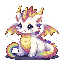A small, fluffy white dragon with rainbow-colored fur streaks, golden horns, and delicate wings, with a playful rainbow curling around its tail.