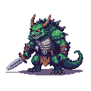 A bipedal green reptilian creature with yellow-green eyes, backward-curving horns, and a spiky crest, holding a sword low in its left hand. It wears minimal armor and a tattered loincloth.