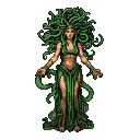 Medusa with emerald green serpentine hair, delicate elven features, and piercing eyes, wearing a revealing leafy green attire. Her arms are outstretched, and serpentine tendrils weave around her body and legs.