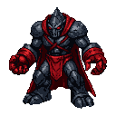 A hulking obsidian golem with glowing red eyes, red gauntlets, and a red cloak and loincloth.