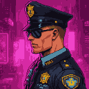 Stoic police commissioner in profile, wearing dark sunglasses and a dark blue uniform with badges, against a vibrant cyberpunk city with magenta neon lights.