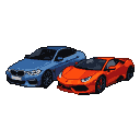 Vibrant orange Lamborghini and powerful blue BMW in a pixel art street race against a black background.