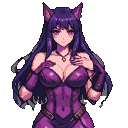 Succubus with long purple hair, purple cat ears, and pink eyes, wearing a revealing purple outfit and elbow-length gloves, playfully holding her chest.