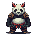 A demon panda with fiery orange eyes, red horns, dark segmented armor with gold accents, and a red sash.
