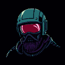 Figure in a futuristic helmet and gas mask with a crimson visor glow against a dark background.