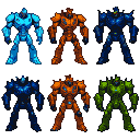Three towering blue mechs with glowing accents in electric blue, fiery orange, and acidic green, positioned as if ready for a boss battle.