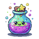 Green slime creature with rosy blush and a wide smile peeking from a bubbling purple and pink potion bottle. The bottle is blue glass, sealed with a cork topped by a yellow star and green gem. Sparkling particles and orbs of light surround the bottle.