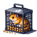 Fluffy golden-brown hamster in a dark metal cage filled with shiny golden spheres.
