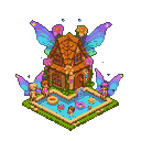 A small wooden house with iridescent wings and flowers sits above a blue pool party with tiny figures splashing and inflatable rings. Two winged pixies stand at the pool's edge.