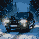 A black 2004 BMW X5 E53 drives on a snowy road at night, its headlights illuminating falling snow and a winter forest.