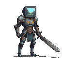 A knight with a CRT monitor for a head, displaying a pastoral landscape, holds a jagged sword in a defensive stance.