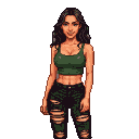 A young woman with dark hair wears an emerald green crop top and distressed dark jeans, standing confidently.