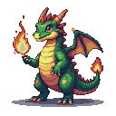 Emerald-green dragon with red accents holding a flame, wings partially unfurled.