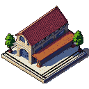 Isometric pixel art train station with arched entrance, covered platform, and two green trees.