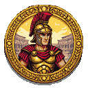 Stoic Roman gladiator bust in plumed helmet and golden armor with crimson cape, set within an ornate golden emblem. Faint Roman architecture visible in warm, sunlit background.
