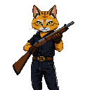 Anthropomorphic orange cat with dark stripes, yellow eyes, wearing dark clothing, holding a sawed-off shotgun.