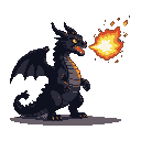 A black dragon breathes fire, its scales dark and textured, with a vibrant orange and yellow flame erupting from its open maw against a black background.