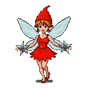 Whimsical pixie in red dress and hat, translucent blue wings spread, holding two metallic shurikens.