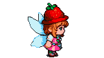 Small fairy character in profile wearing a strawberry hat and a pink dress, with light blue wings.