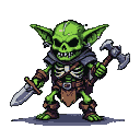 Goblin-skeleton hybrid with exposed ribcage, tattered armor, and dark cloak, holding a sword and a battle axe.