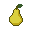 A golden yellow pear with a dark green leaf on a black background.