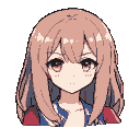 Young anime girl with light brown hair, expressive eyes, and a melancholic gaze, wearing a red and blue accented jacket.