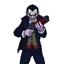 Menacing vampire in a dark suit with red undershirt and green vest, grinning with sharp teeth and glowing crimson eyes, holding a minigun.
