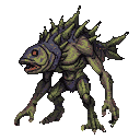 A hunched mutant with a fish head, bulging red-rimmed eyes, sharp teeth, and a spiky dorsal fin. Its mottled green, scaled skin has dark purple accents. Long, spindly arms end in claws, and bent legs suggest a predatory stance.