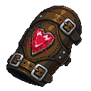 Reinforced leather vambrace with metallic studs, two buckles, and a central arrowhead-shaped Blood Gem emitting crimson light and red wisps.