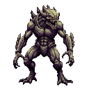 Hulking reptilian monster with sharp claws, needle-like teeth, and glowing red eyes.
