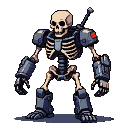 Skeletal figure in dark grey exoskeleton armor, with a red emblem on its left shoulder.