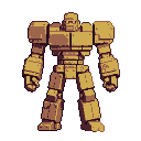 A colossal golem made of rough, golden-brown stone blocks stands stoically against a black background.
