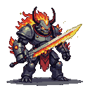 Hulking warrior in gleaming robotic armor with a blazing sword for its right arm, flames erupting from its horned helmet and shoulders.
