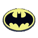Pixelated Batman logo: a dark blue bat silhouette within a luminous yellow oval against a black background.