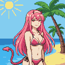 Pink-haired character with devil horns and tail in a pink bikini on a sunny beach with palm trees.