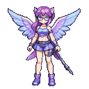 Sci-fi pixie with iridescent wings, purple cat-ear hair, round glasses, blue outfit, and a holstered sword.