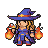 Young mage in a blue robe and pointed hat, hands outstretched with flames.