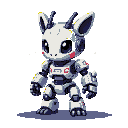 Small bipedal robot with large expressive eyes, deer-like ears, white and grey segmented armor, and red cheek accents.