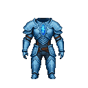 Full suit of epic, light blue armor with segmented plates, layered pauldrons, and greaves. A vibrant blue time crystal pulses on the chest plate.