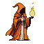 Hooded figure in orange robes holding a glowing orb of fire.