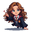 Young Hermione Granger in Hogwarts uniform, casting a spell with pink hearts floating around her raised hand.