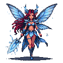 Warrior fairy with iridescent blue wings, crystalline spear, crimson hair, and blue armored bikini.