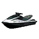 White jet ski with a dark gray seat and green accents on a dark, reflective surface.